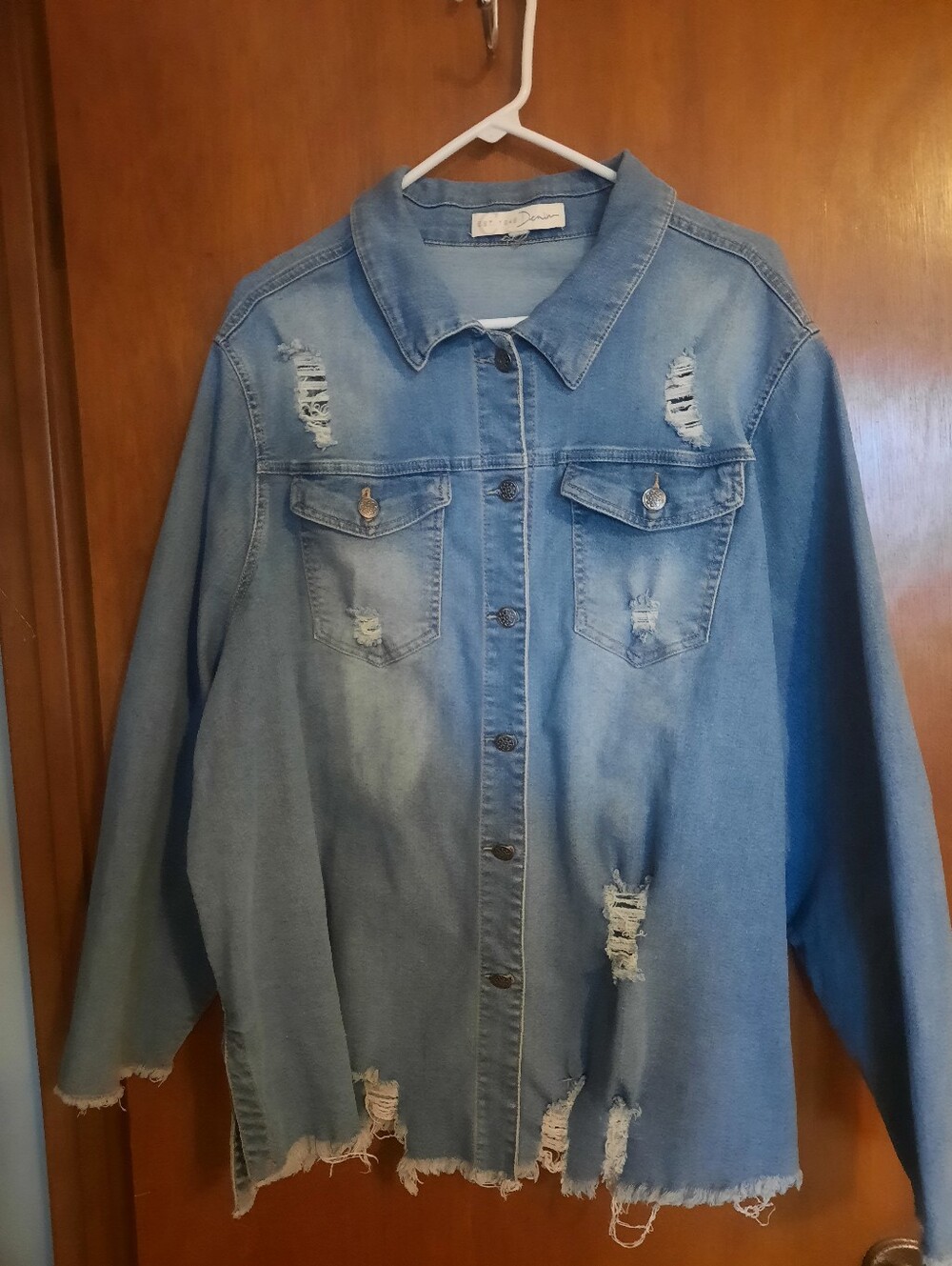 Est. 1946 Denim Distressed Light Blue Jacket - Women's Oversized Trucker